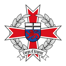 Das Logo der Corps Dargent zeigt das klassiche Blau Rote Bonner Stadtwappen , im Hintergrund befindet sich ein Kreuz mit verzierungen