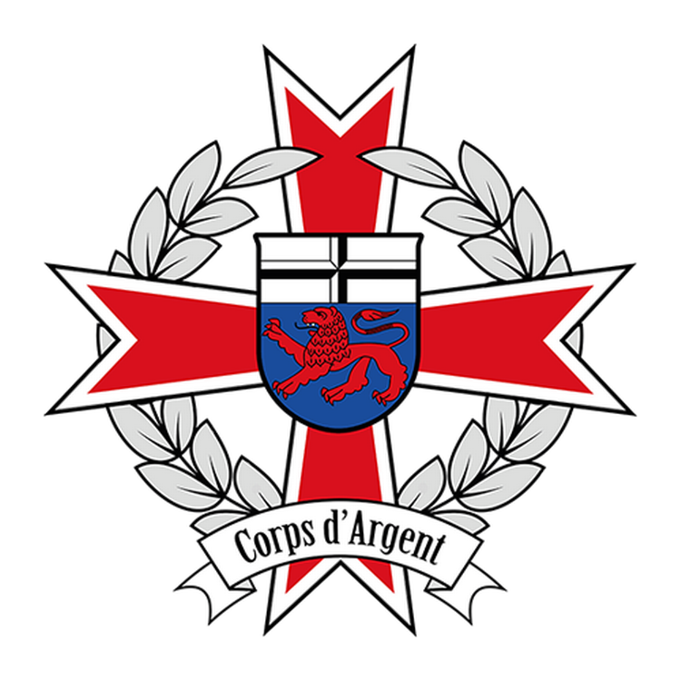 Das Logo der Corps Dargent zeigt das klassiche Blau Rote Bonner Stadtwappen , im Hintergrund befindet sich ein Kreuz mit verzierungen